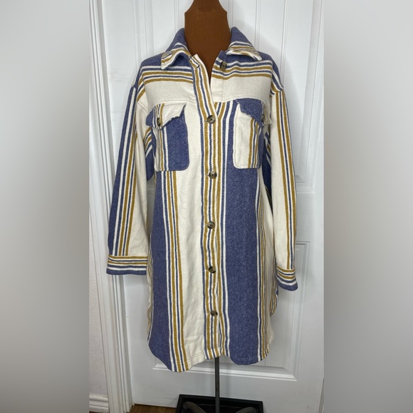 aerie Jackets & Blazers - NWT Aerie Flannel Shacket Dress Blue Striped Long Sleeve Midi Sheath Sz Medium